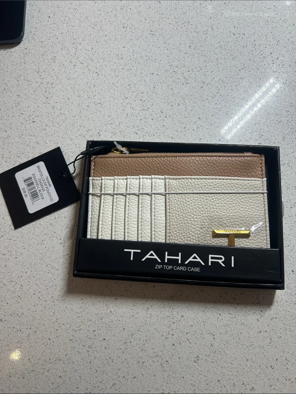 Tahari Cream and Tan Zip Card Case with Gold Accent